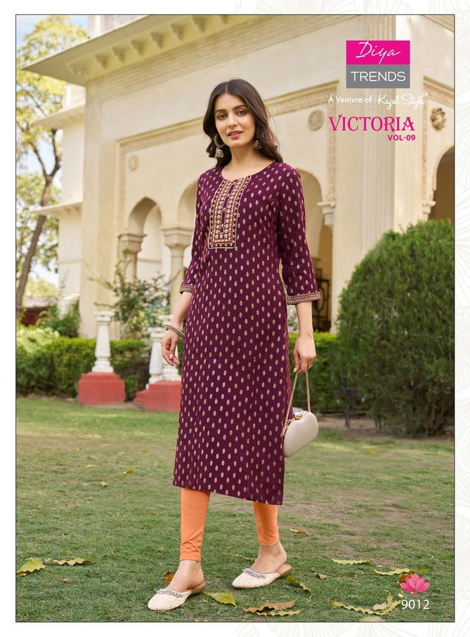 Victoria Vol 9 By Diya Rayon Foil Printed Kurtis Wholesale Shop In Surat
